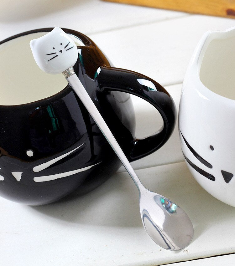 Caneca de Gatinho em Cerâmica + Colher Inox Gatinho de BRINDE - CAFE FELIZ